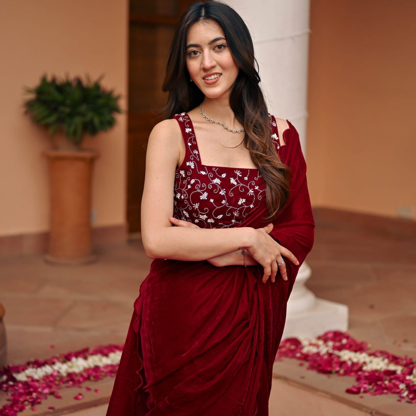 Royal Velvet Saree with Cutwork Border & Embroidered Blouse
