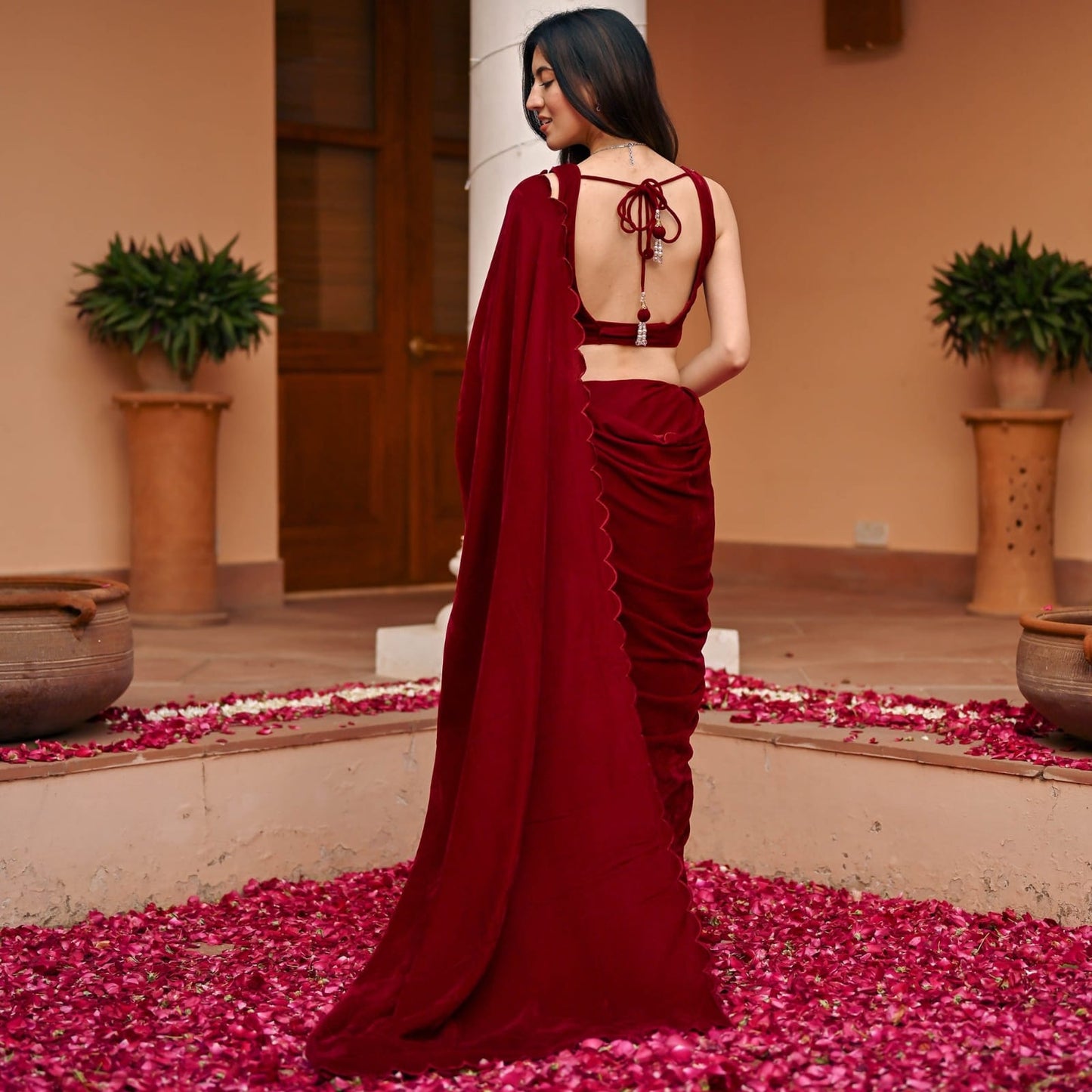 Royal Velvet Saree with Cutwork Border & Embroidered Blouse