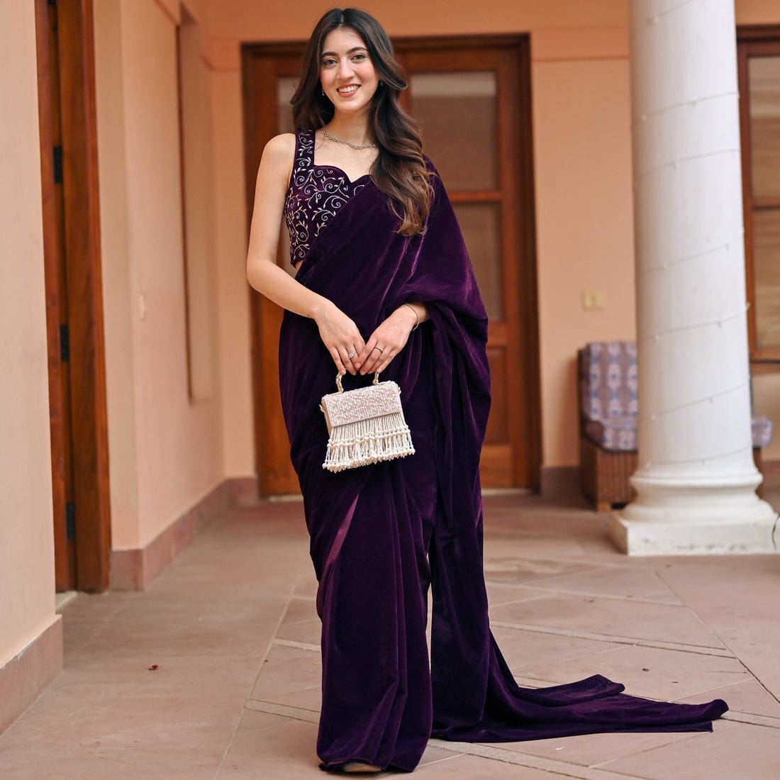 Royal Velvet Saree with Cutwork Border & Embroidered Blouse