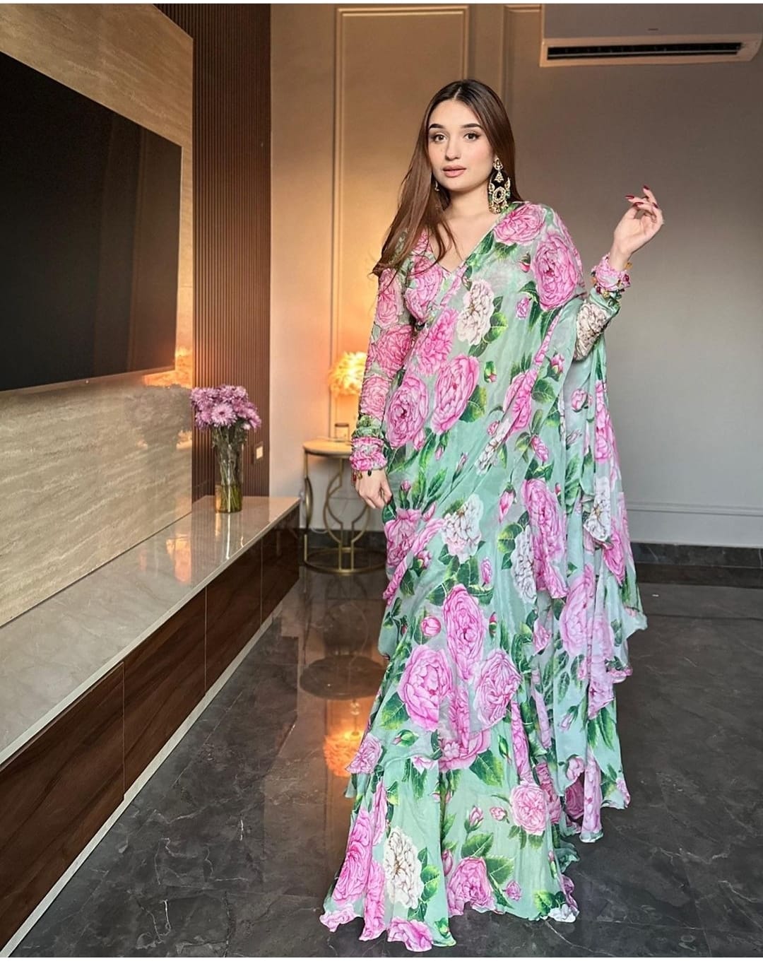 Ruffled Floral Printed Saree for Elegant Occasions