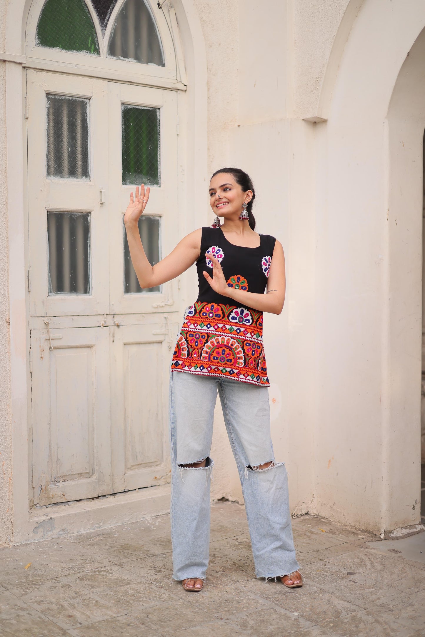 Sleeveless Black Kurti Traditional Kutchi Work