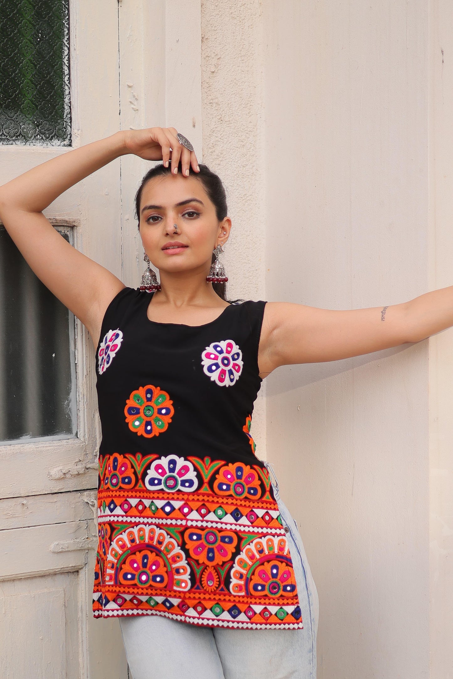 Sleeveless Black Kurti Traditional Kutchi Work