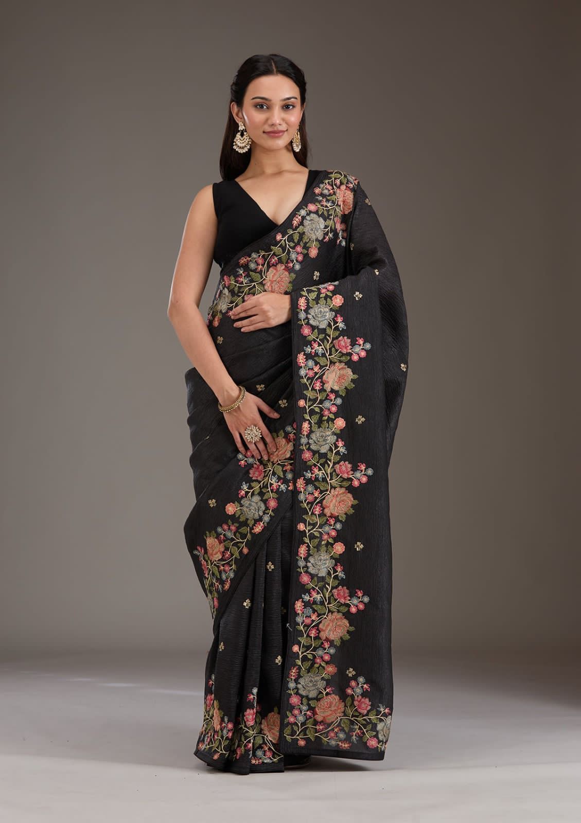 Soft Crunchy Silk Saree with Embroidery and Lace Border
