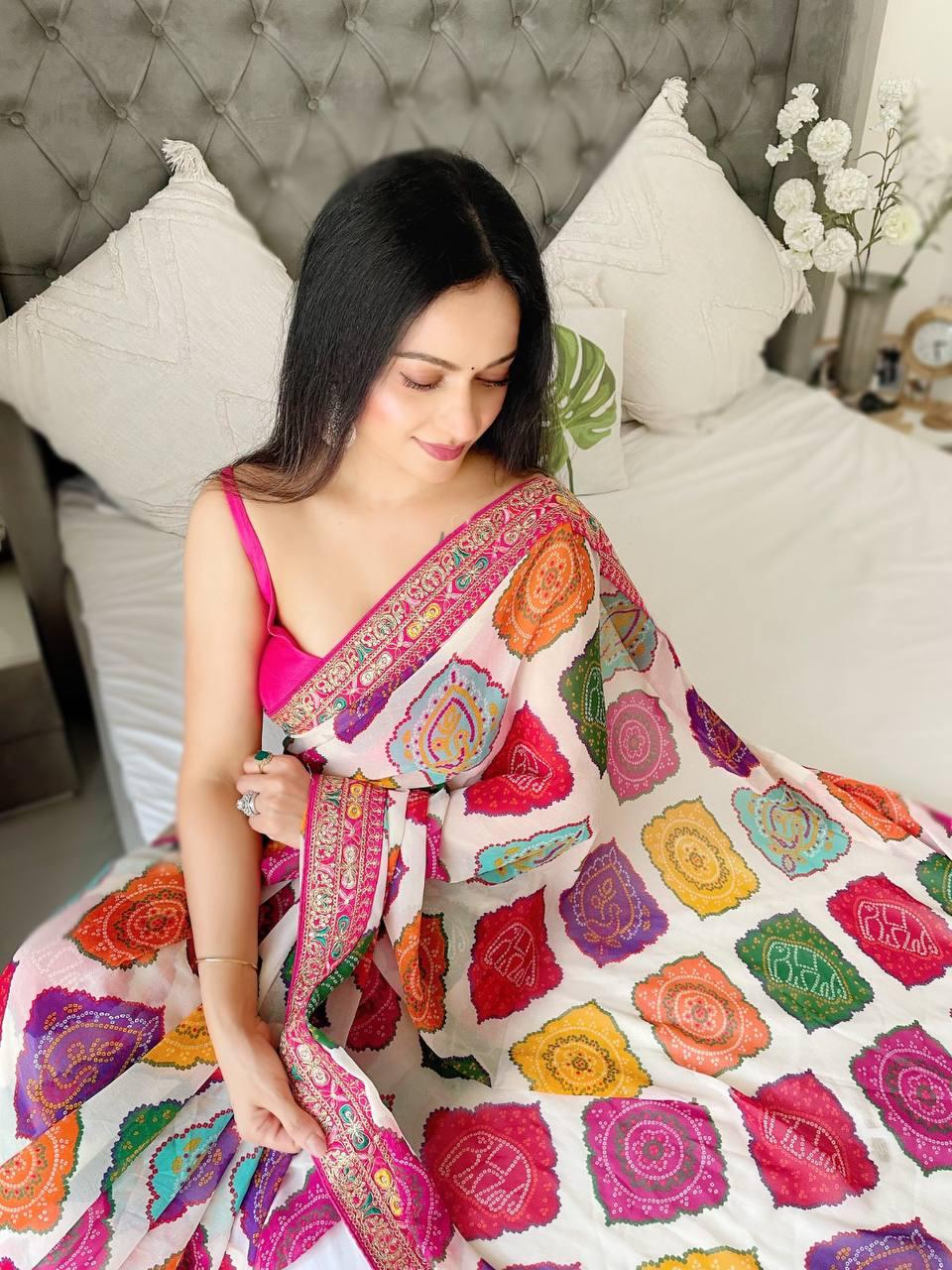 Soft Georgette Bandhej Saree with Embroidery Border