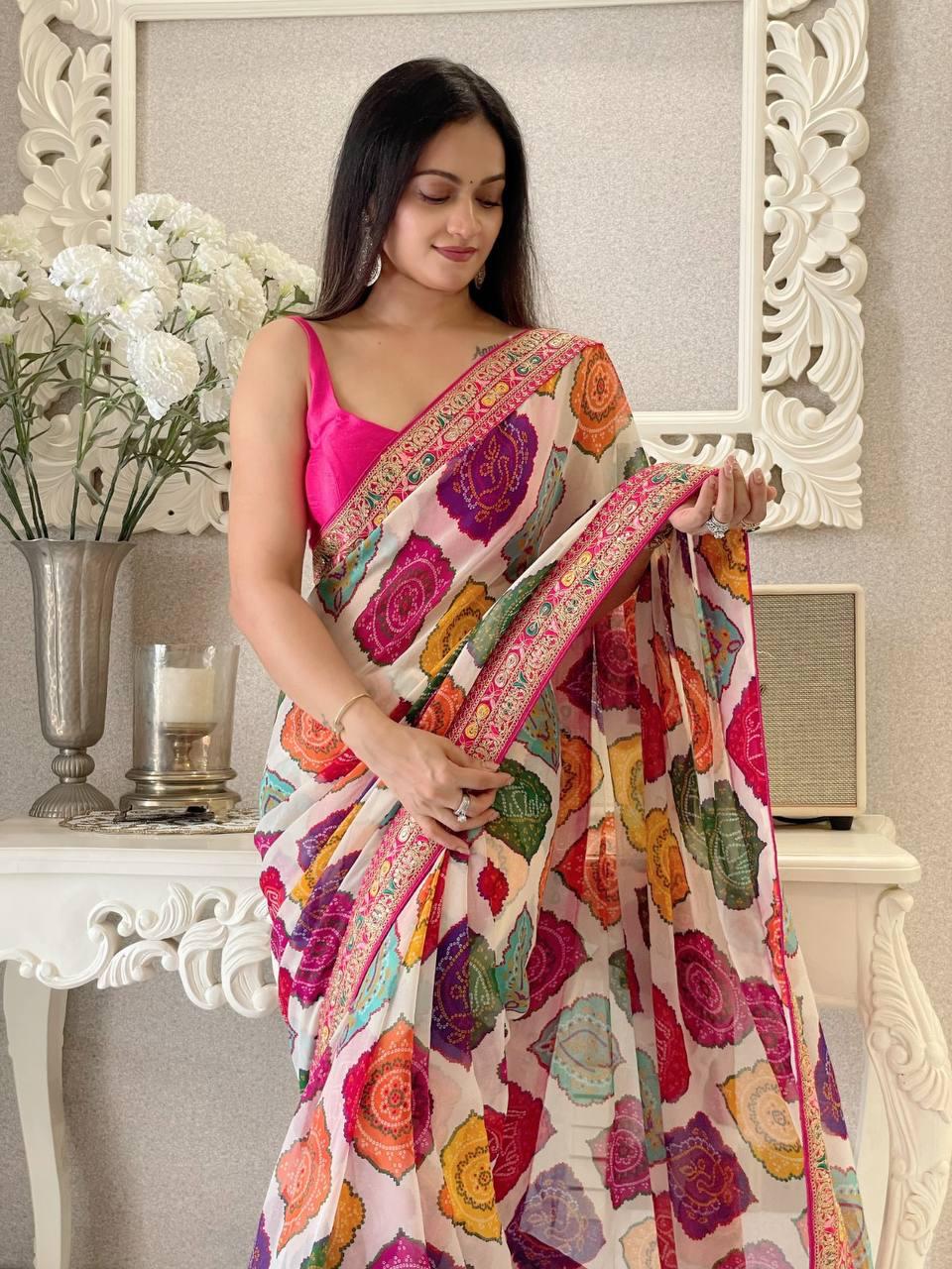 Soft Georgette Bandhej Saree with Embroidery Border