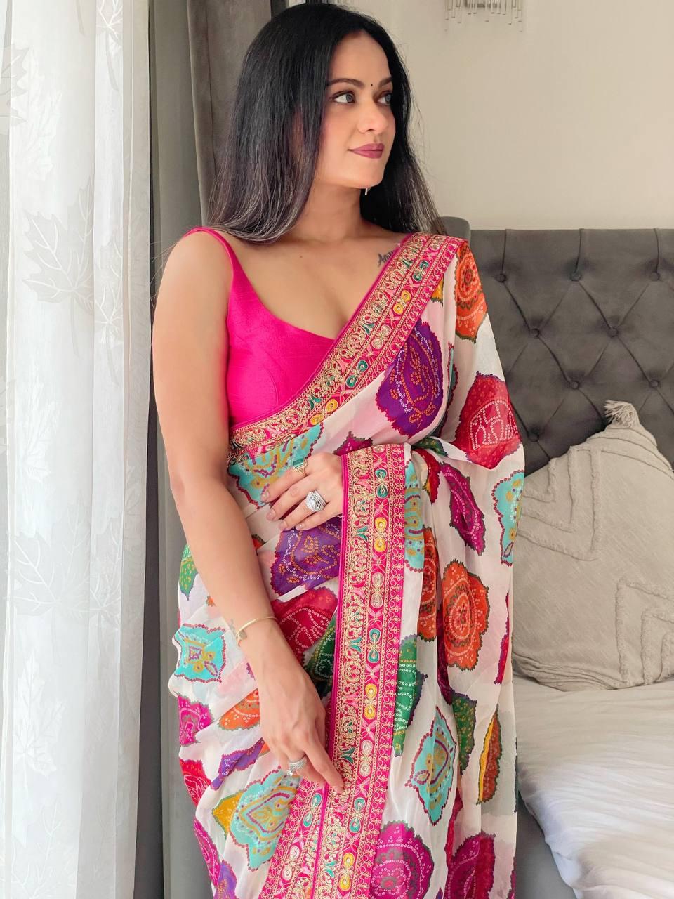 Soft Georgette Bandhej Saree with Embroidery Border