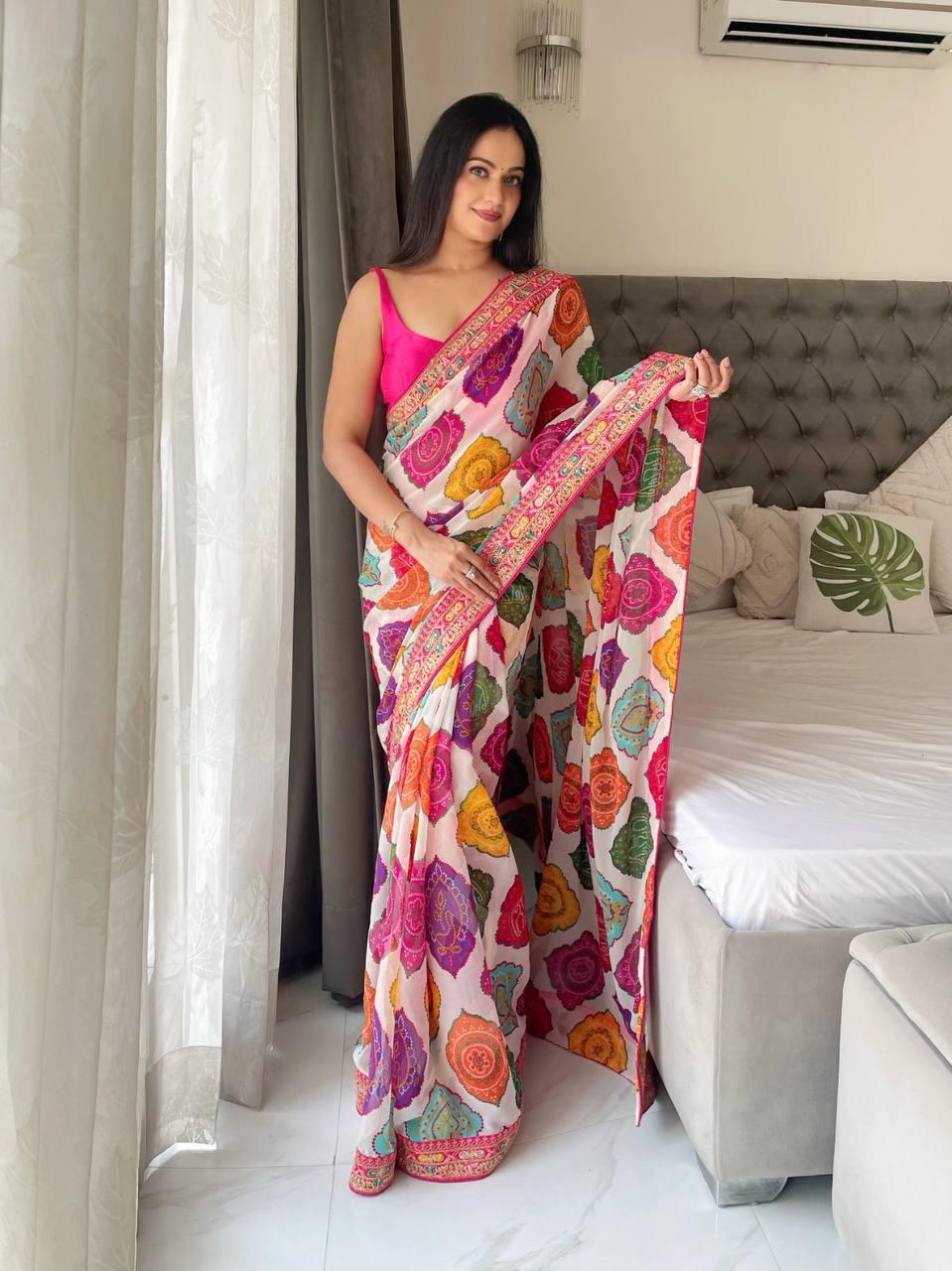 Soft Georgette Bandhej Saree with Embroidery Border