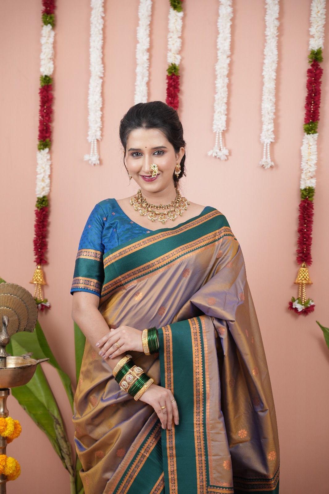 Soft Silk Two Tone Saree with Narayan Border & Zari Pallu