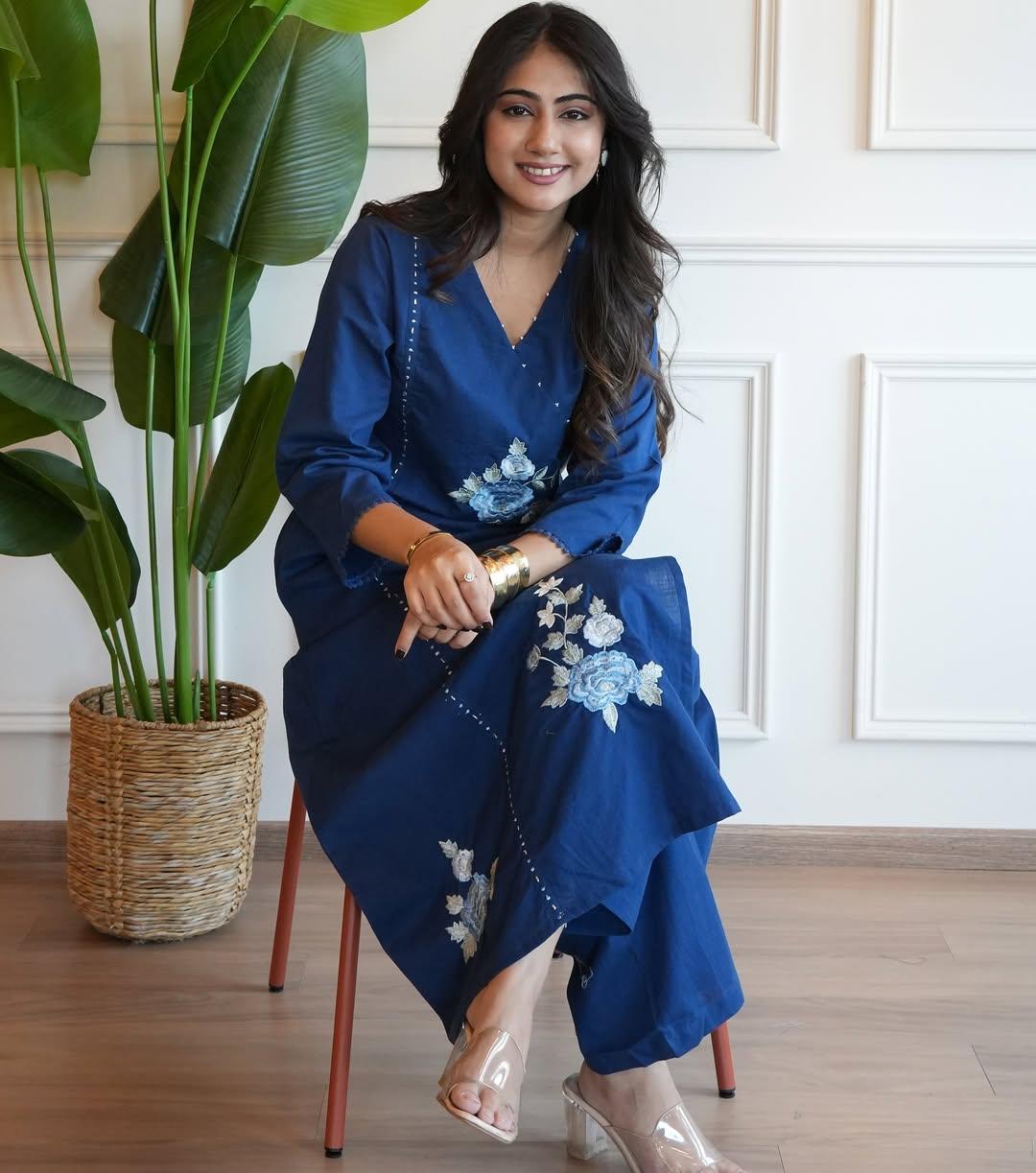 Stylish Blue Co-Ord Set with Creamy Pearl Mala