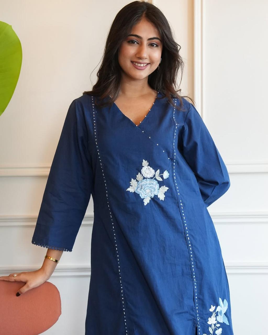 Stylish Blue Co-Ord Set with Creamy Pearl Mala