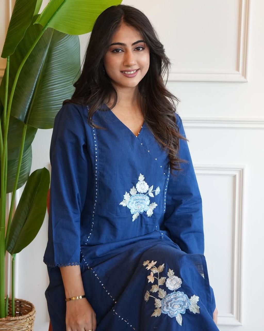 Stylish Blue Co-Ord Set with Creamy Pearl Mala