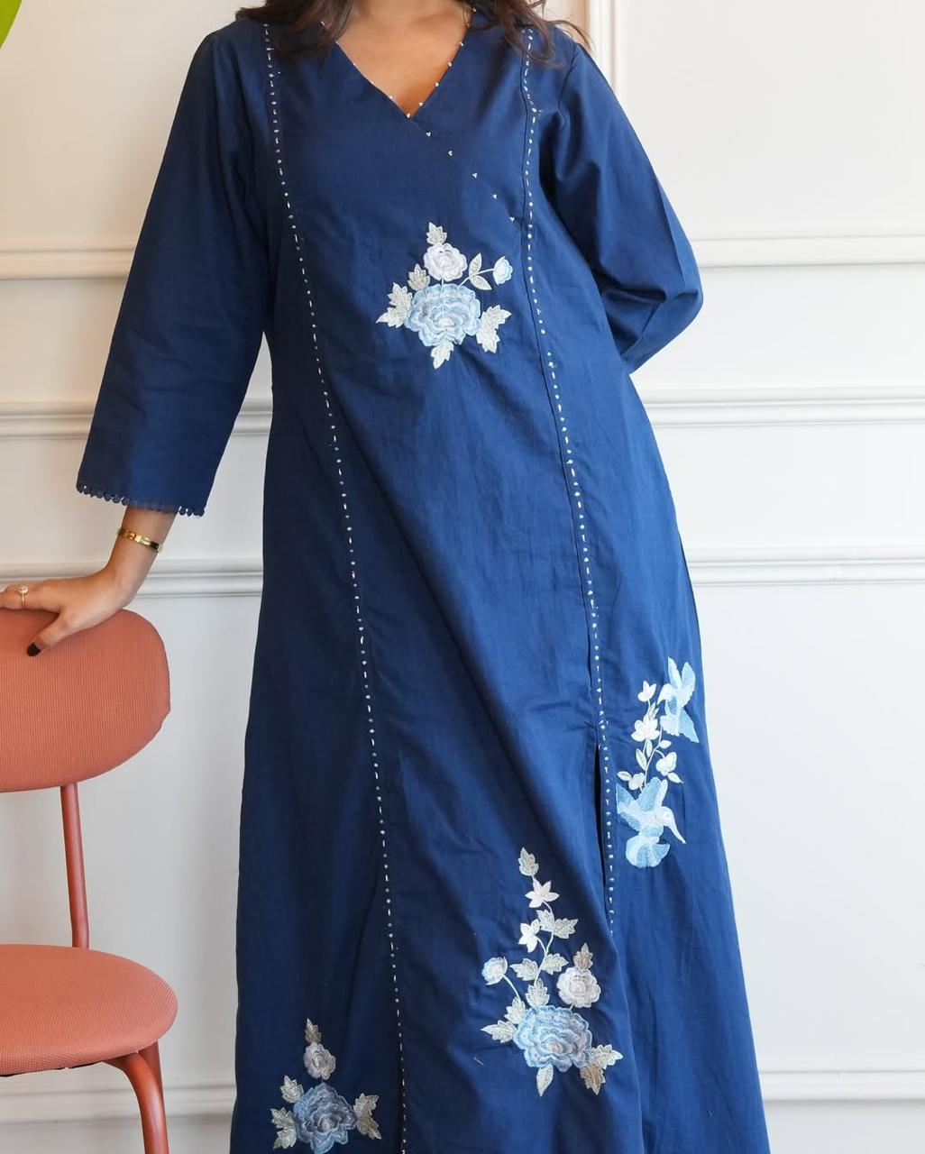 Stylish Blue Co-Ord Set with Creamy Pearl Mala