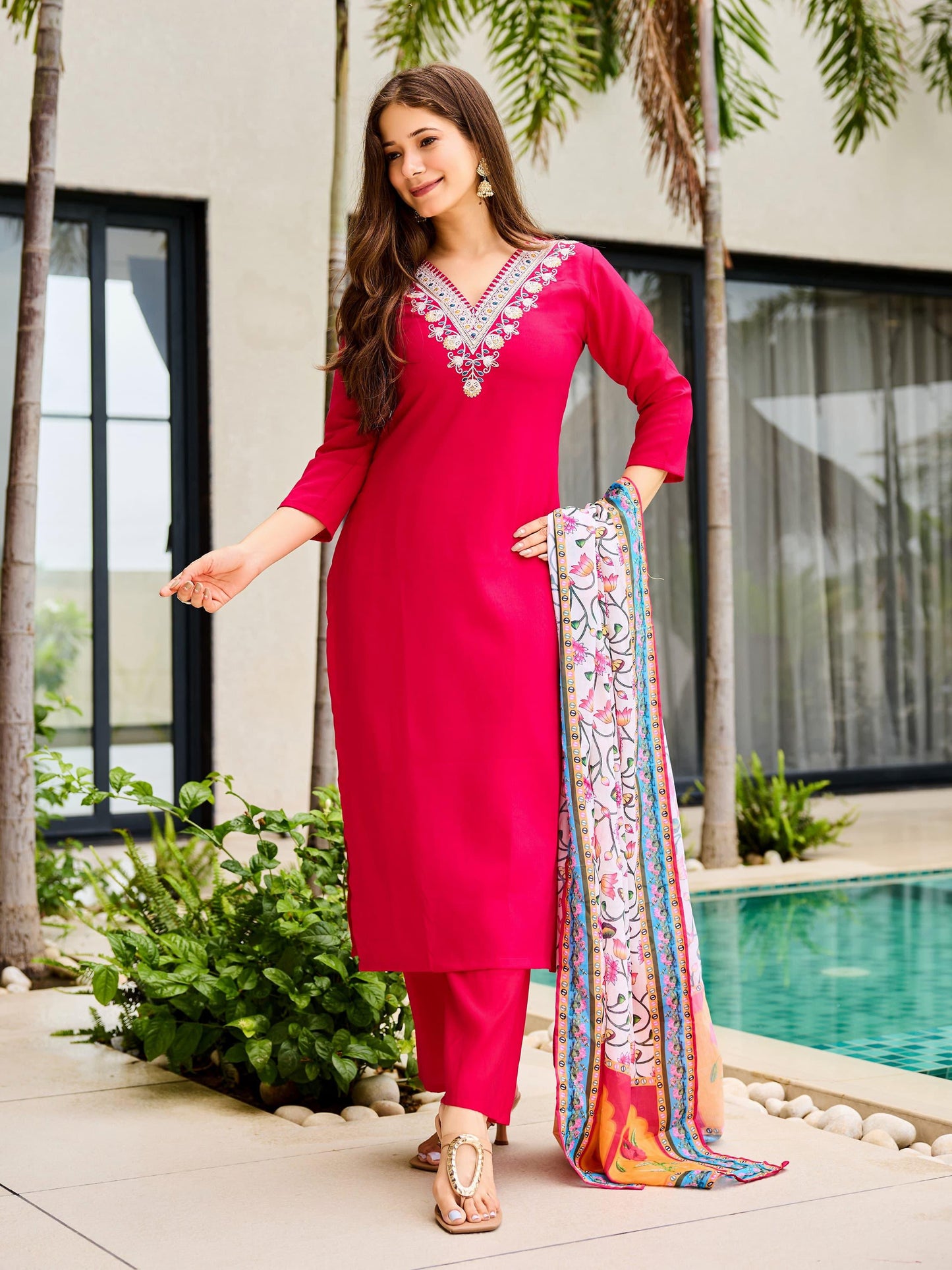 Stylish Pink Kurti with Embroidery & Printed Dupatta