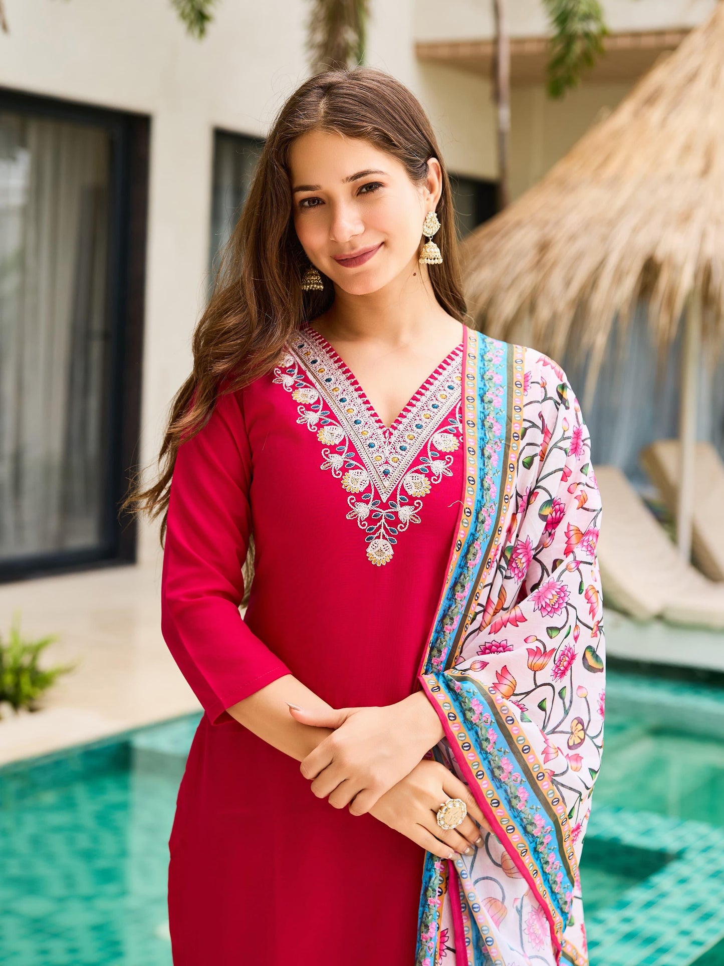 Stylish Pink Kurti with Embroidery & Printed Dupatta