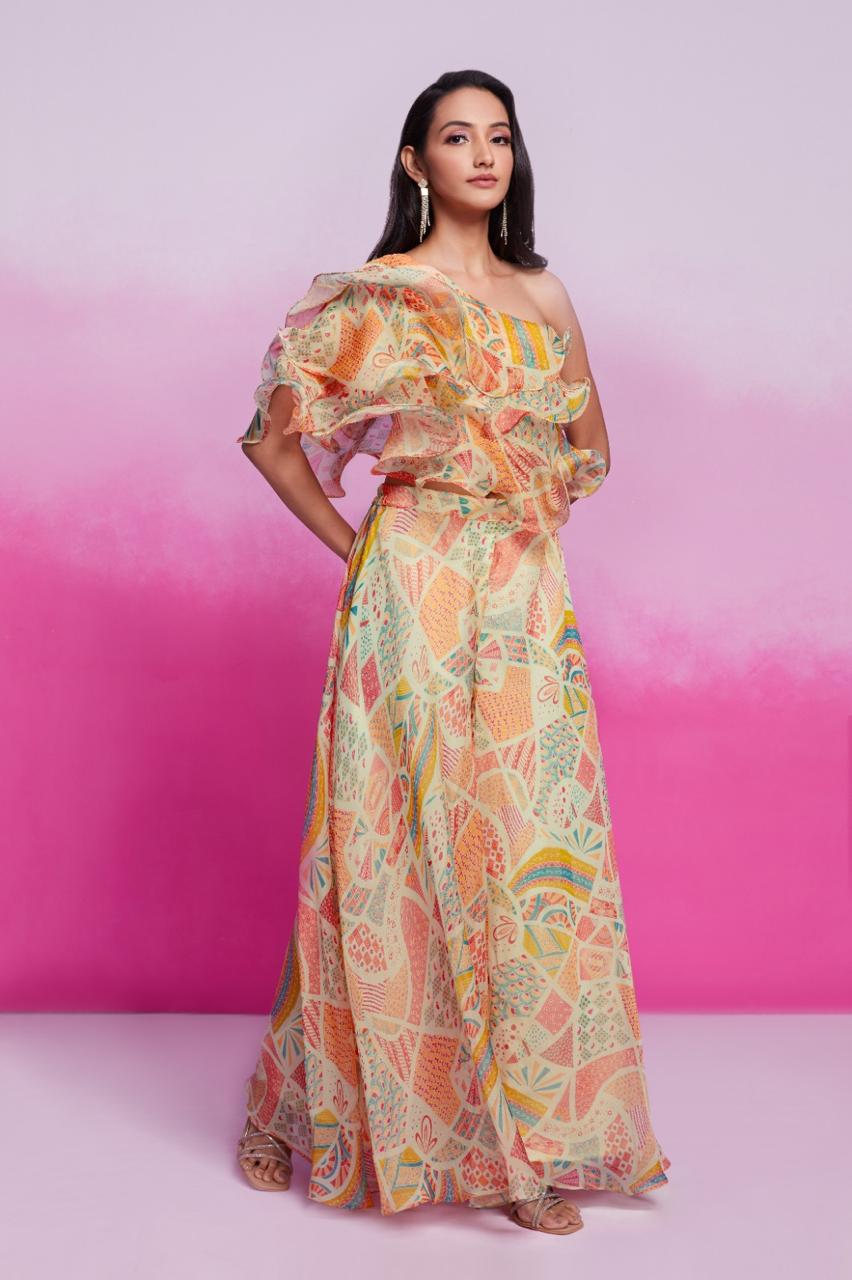 Stylish Ruffle Organza Top with Palazzo Pant Set
