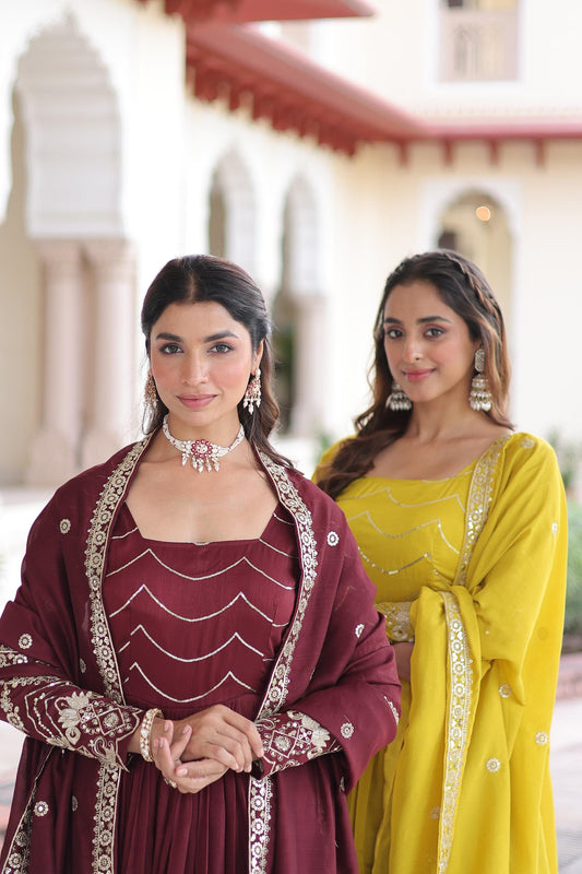 Traditional Vichitra Silk Gown with Dupatta for Women