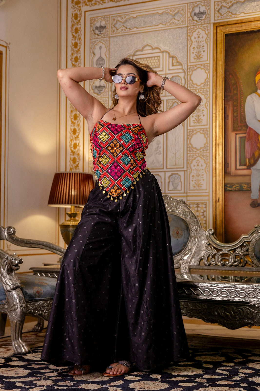 Tribal Mirror Embroidered Crop Top with Black Palazzo SeT