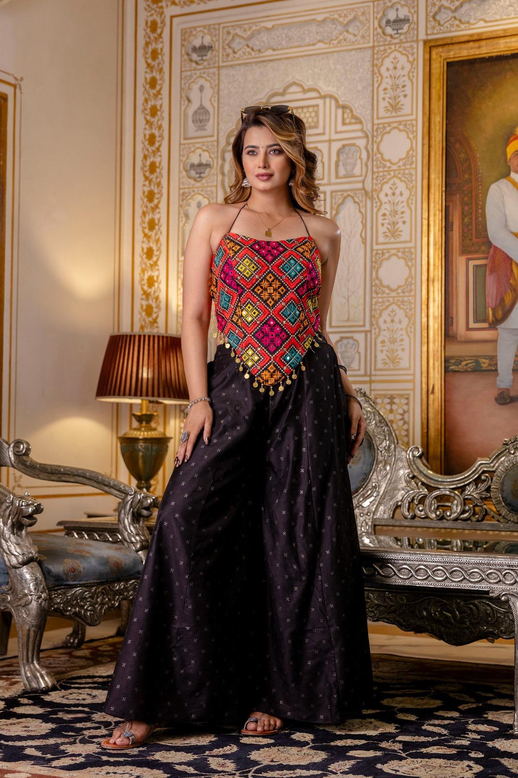 Tribal Mirror Embroidered Crop Top with Black Palazzo Set