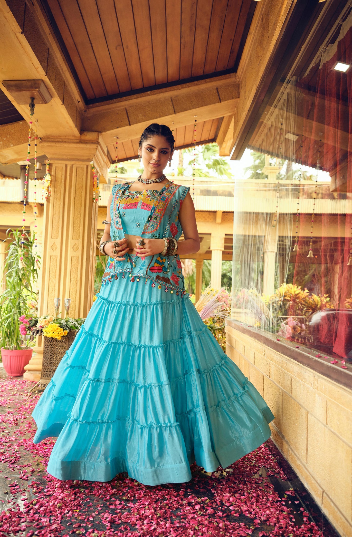 Turquoise Tiered Lehenga with Embroidered Koti for Women