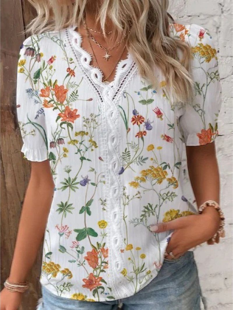 V- Neck Floral Print Top with Lace Pattern for Women