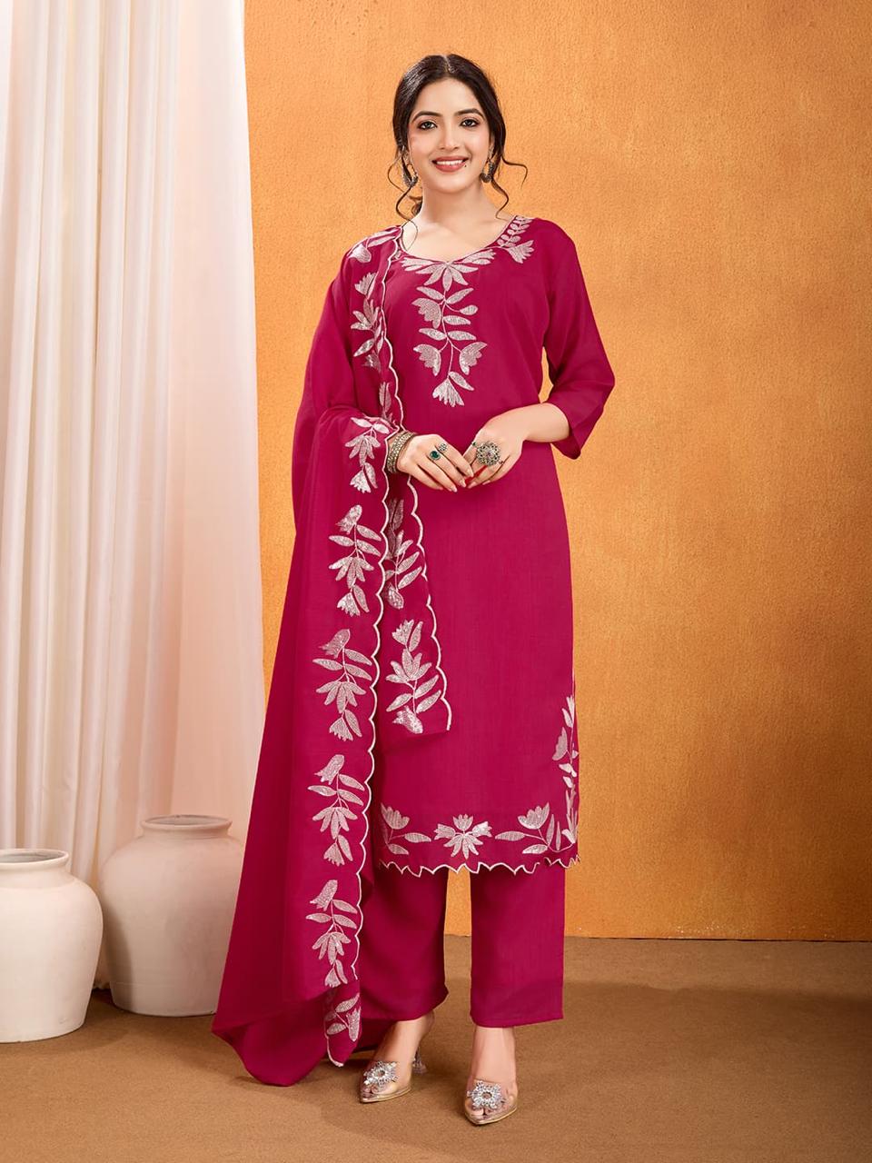 Vichitra Silk Kurti Pant Dupatta Set with Embroidery