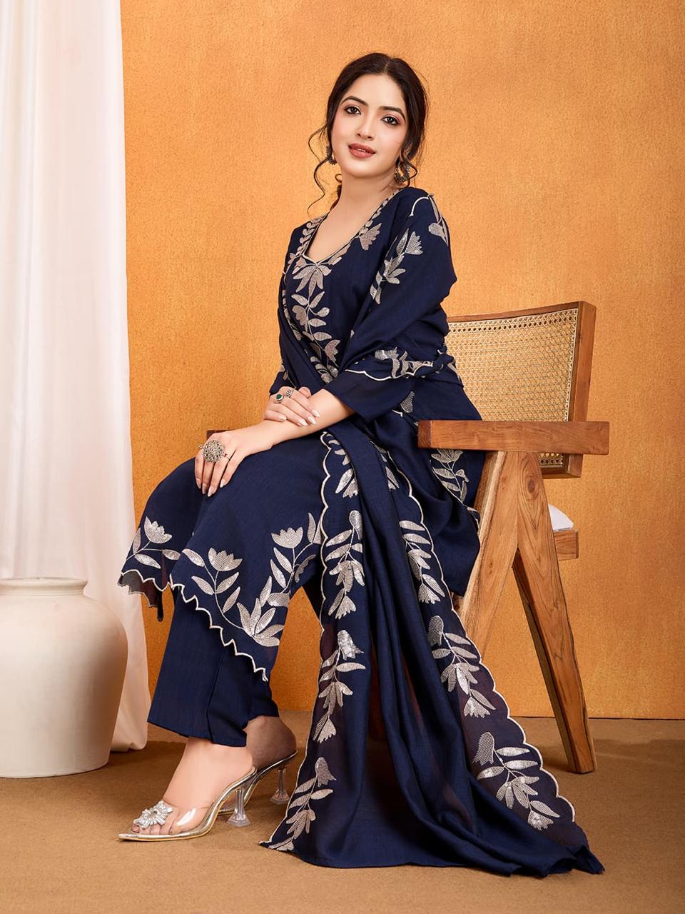 Vichitra Silk Kurti Pant Dupatta Set with Embroidery