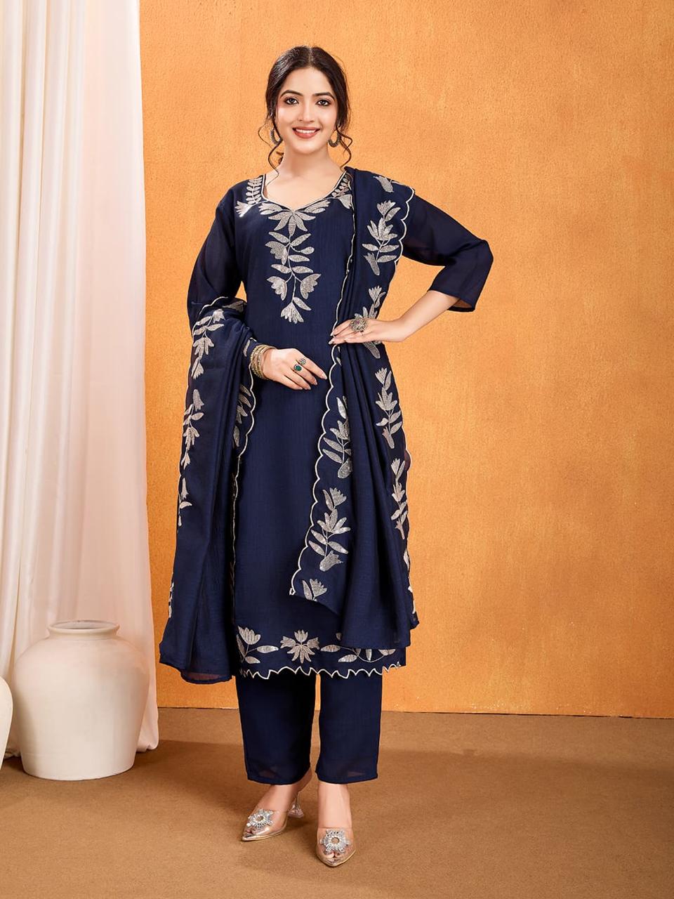 Vichitra Silk Kurti Pant Dupatta Set with Embroidery