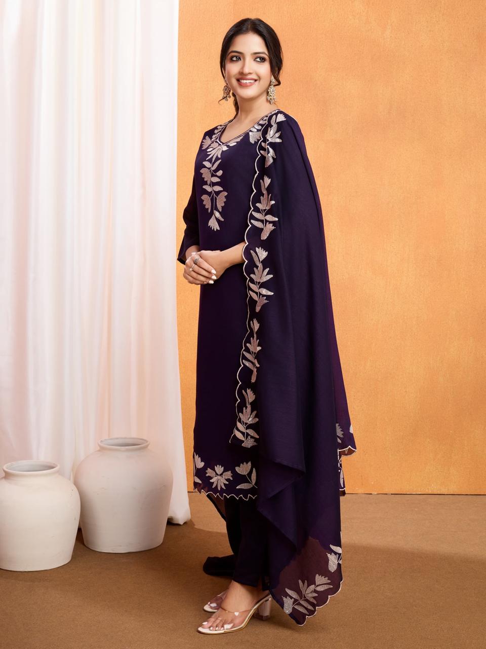 Vichitra Silk Kurti Pant Dupatta Set with Embroidery