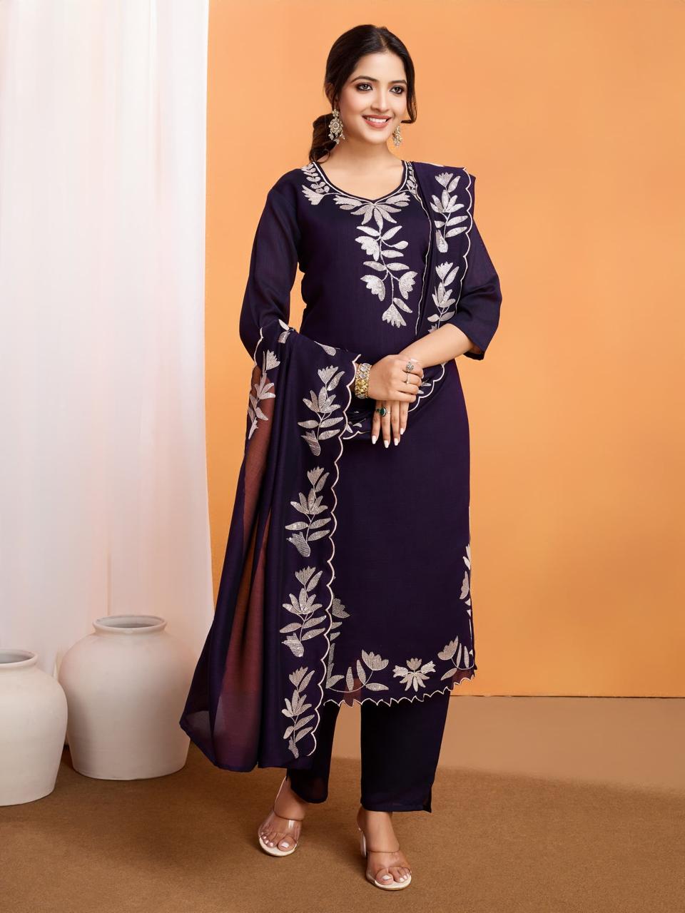 Vichitra Silk Kurti Pant Dupatta Set with Embroidery