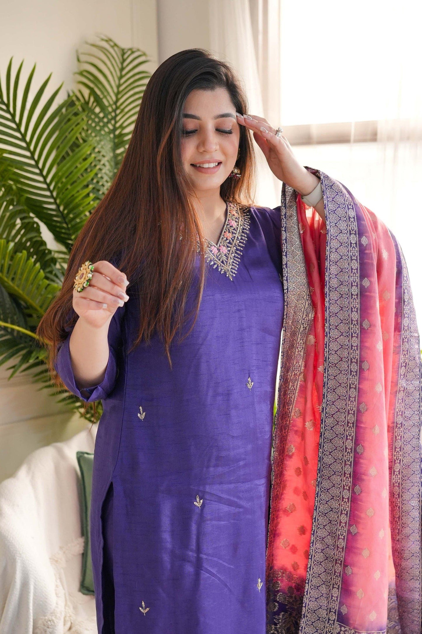 Vichitra Silk Embroidered Suit with Viscose Jacquard Dupatta