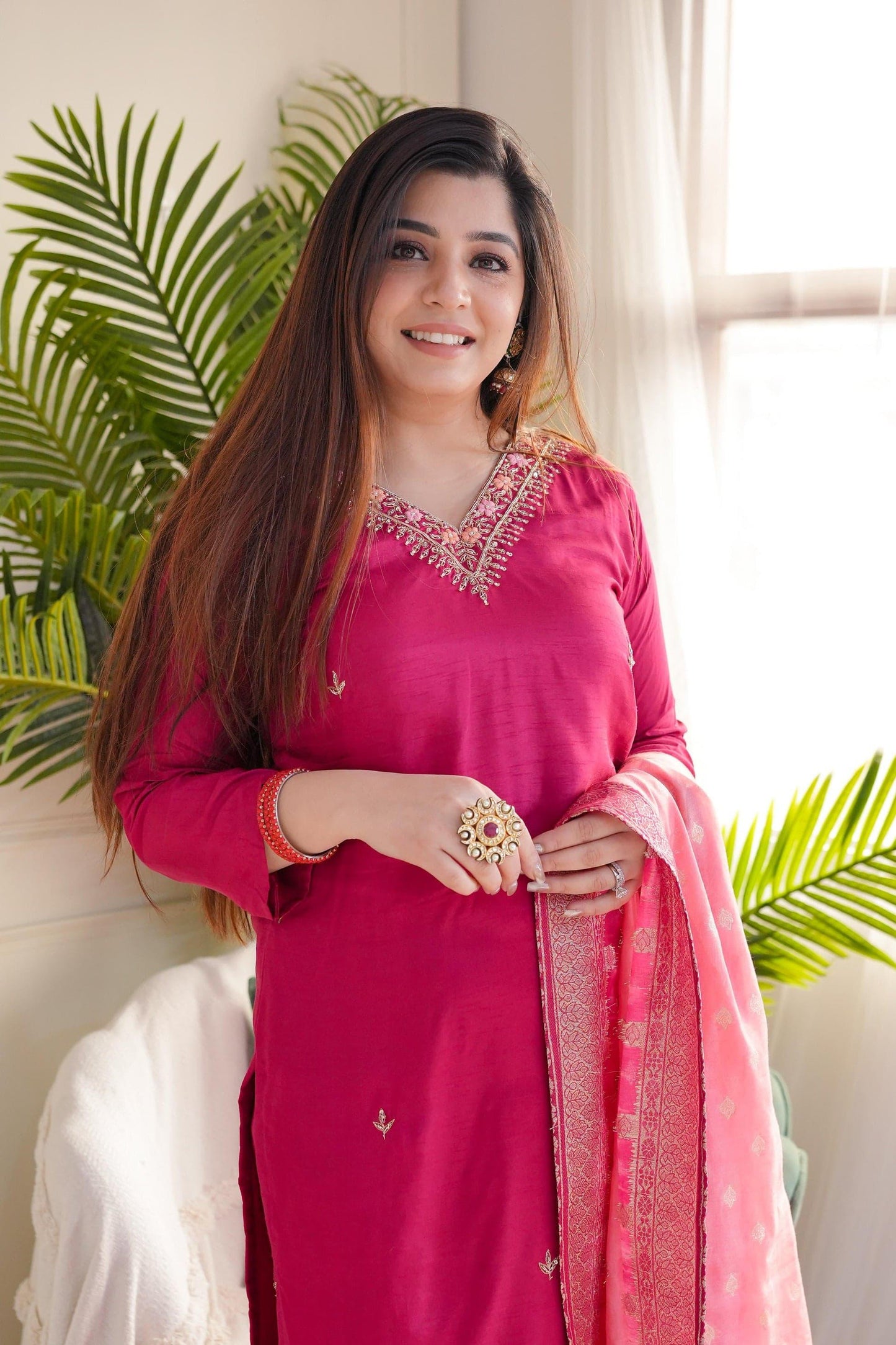 Vichitra Silk Embroidered Suit with Viscose Jacquard Dupatta