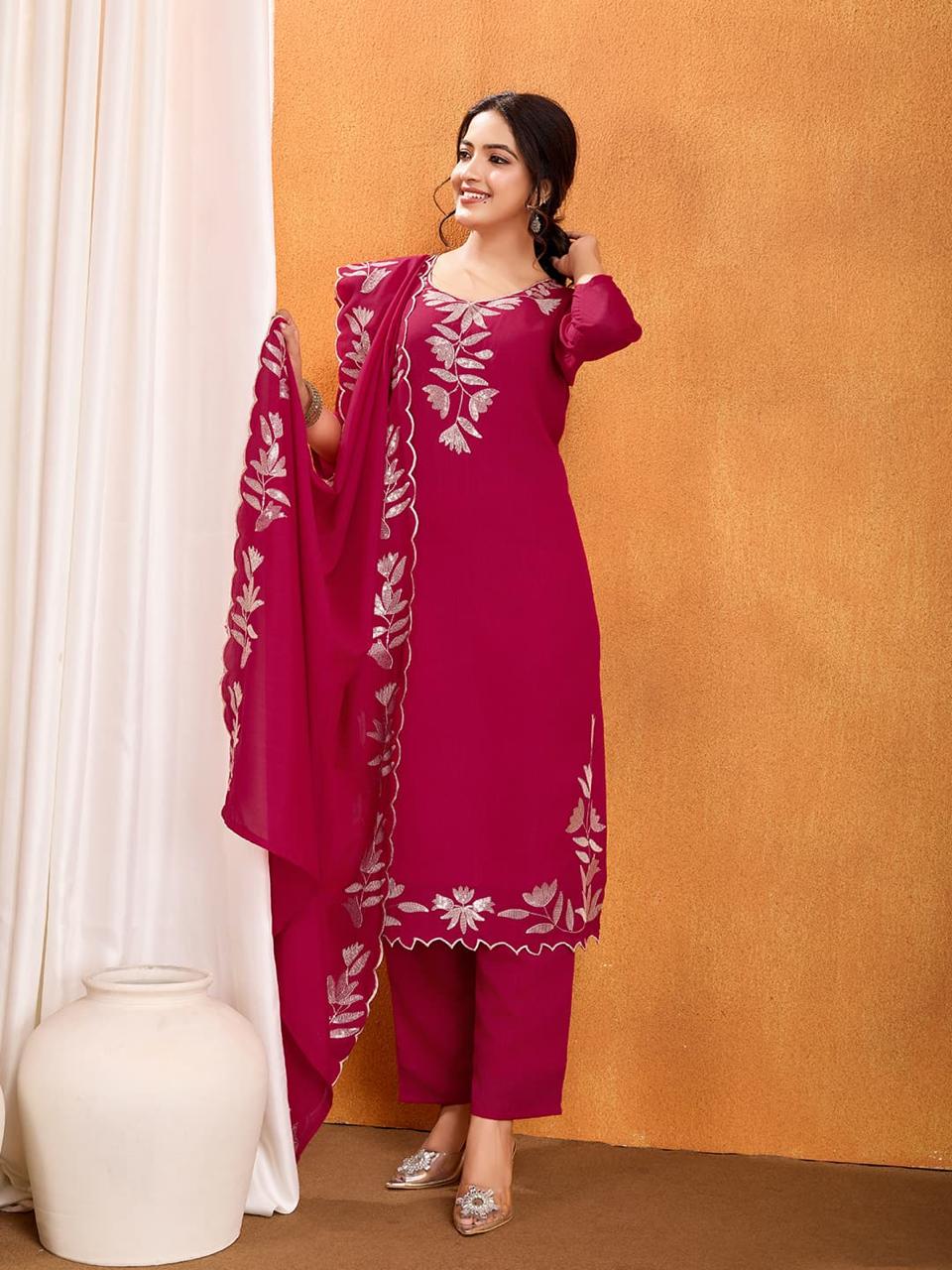 Vichitra Silk Kurti Pant Dupatta Set with Embroidery