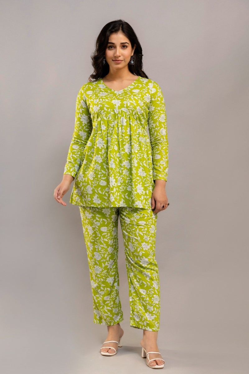 V neck Paplom top and pants Co-Ord set for Women