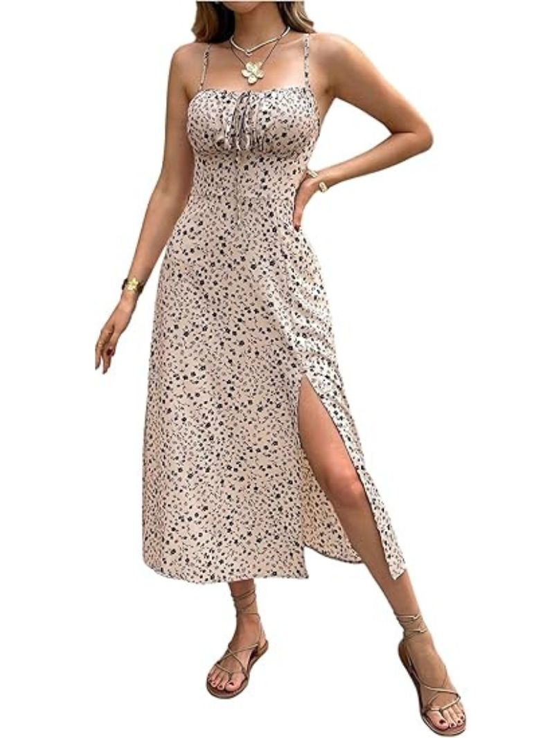 Women's Floral Midi Dress with Slit Summer Wear