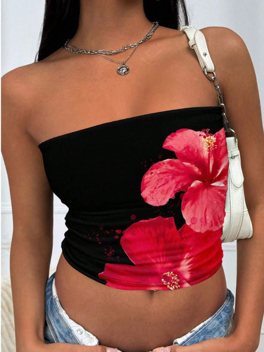 Women's Floral Strapless Crop Top  Evening Party Crop Top