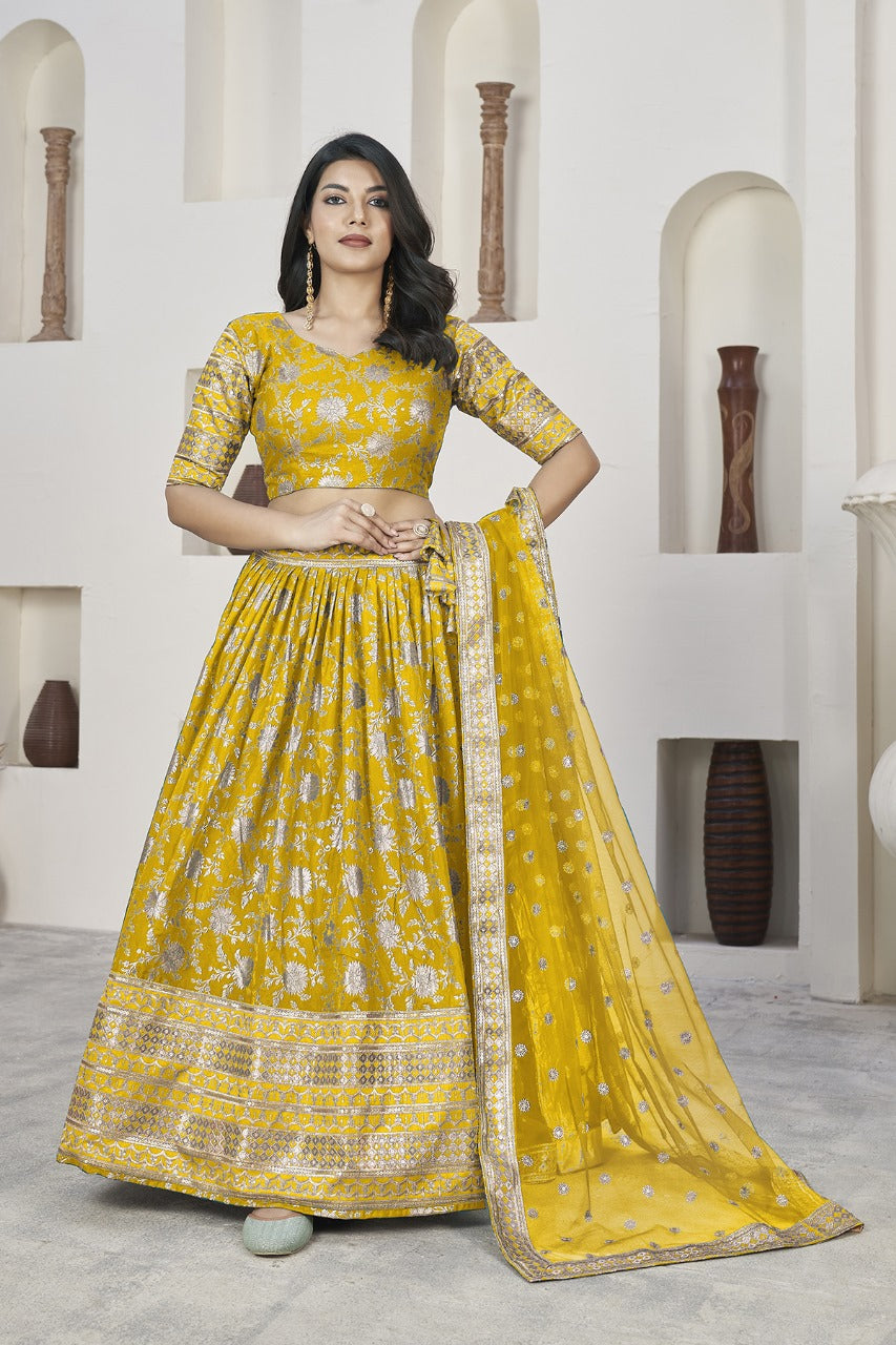 Yellow Banarasi Silk Lehenga with Silver Zari Detailing