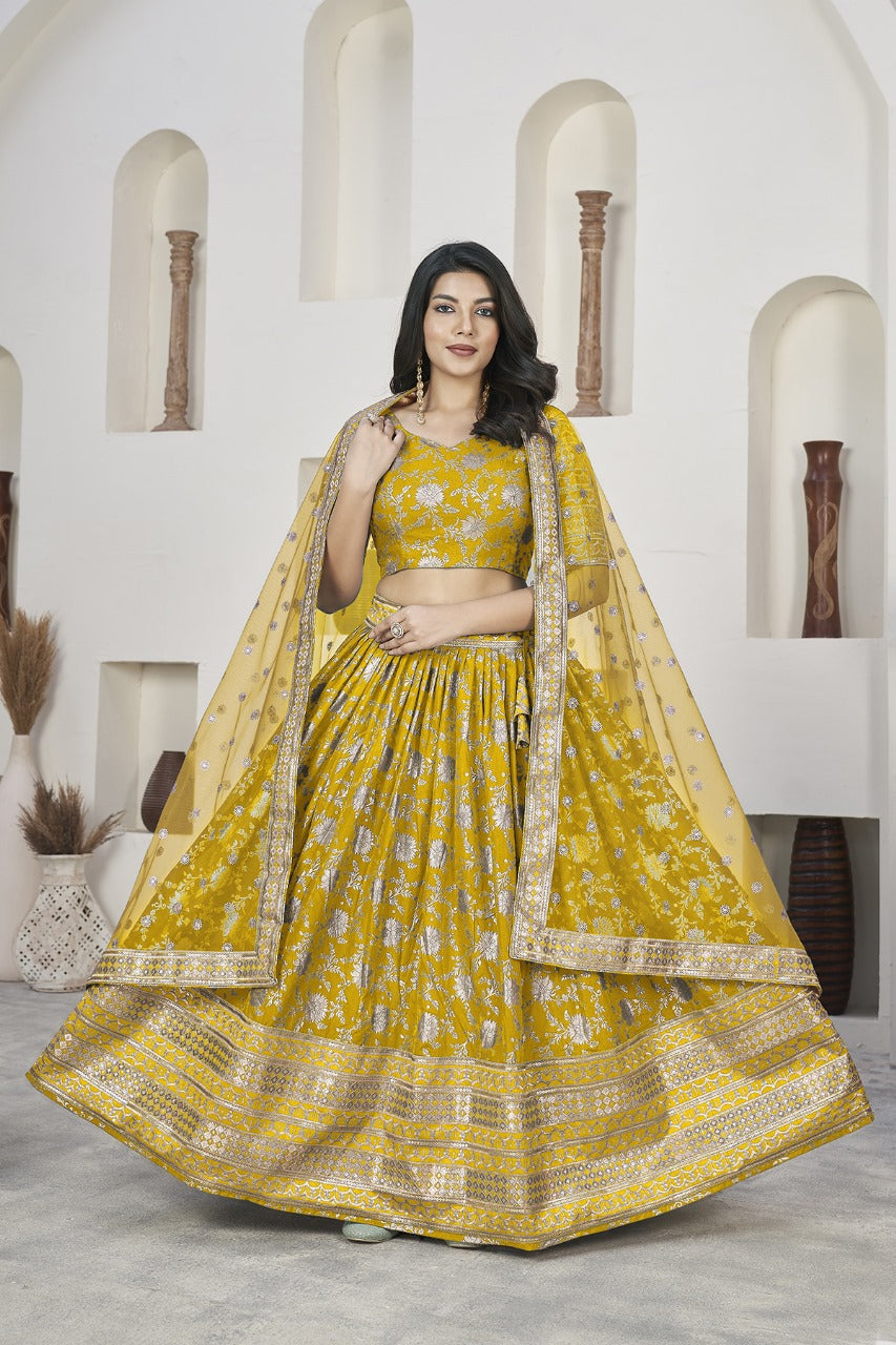 Yellow Banarasi Silk Lehenga with Silver Zari Detailing