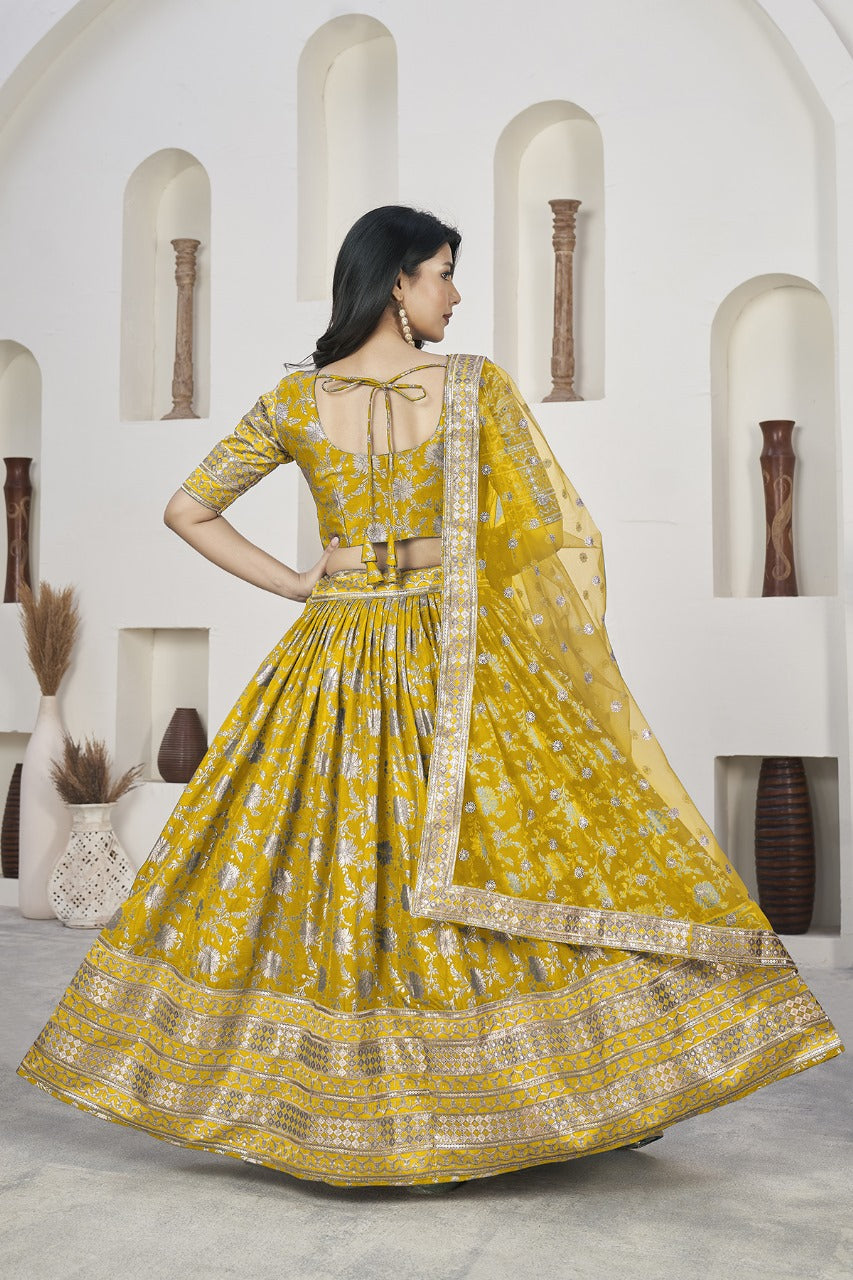 Yellow Banarasi Silk Lehenga with Silver Zari Detailing