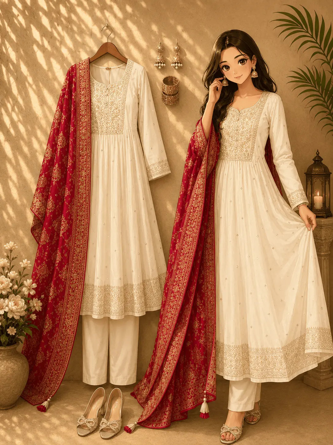 Anarkali Flared Kurti Pant Dupatta Set