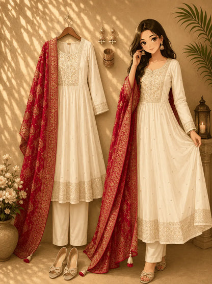 Anarkali Flared Kurti Pant Dupatta Set