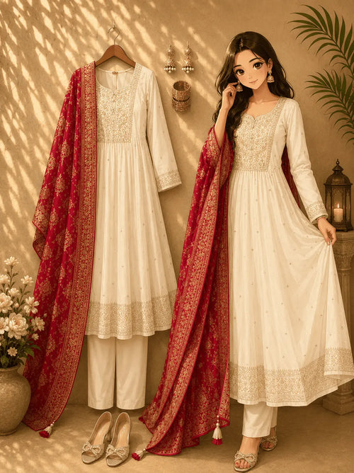 Anarkali Flared Kurti Pant Dupatta Set
