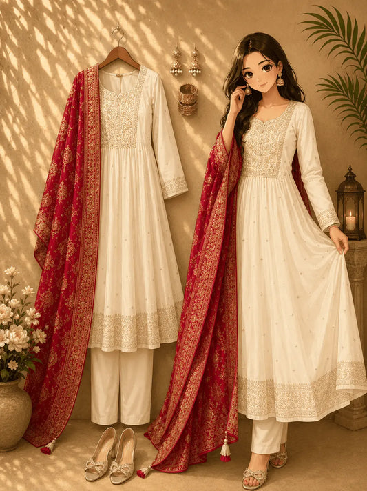 Anarkali Flared Kurti Pant Dupatta Set