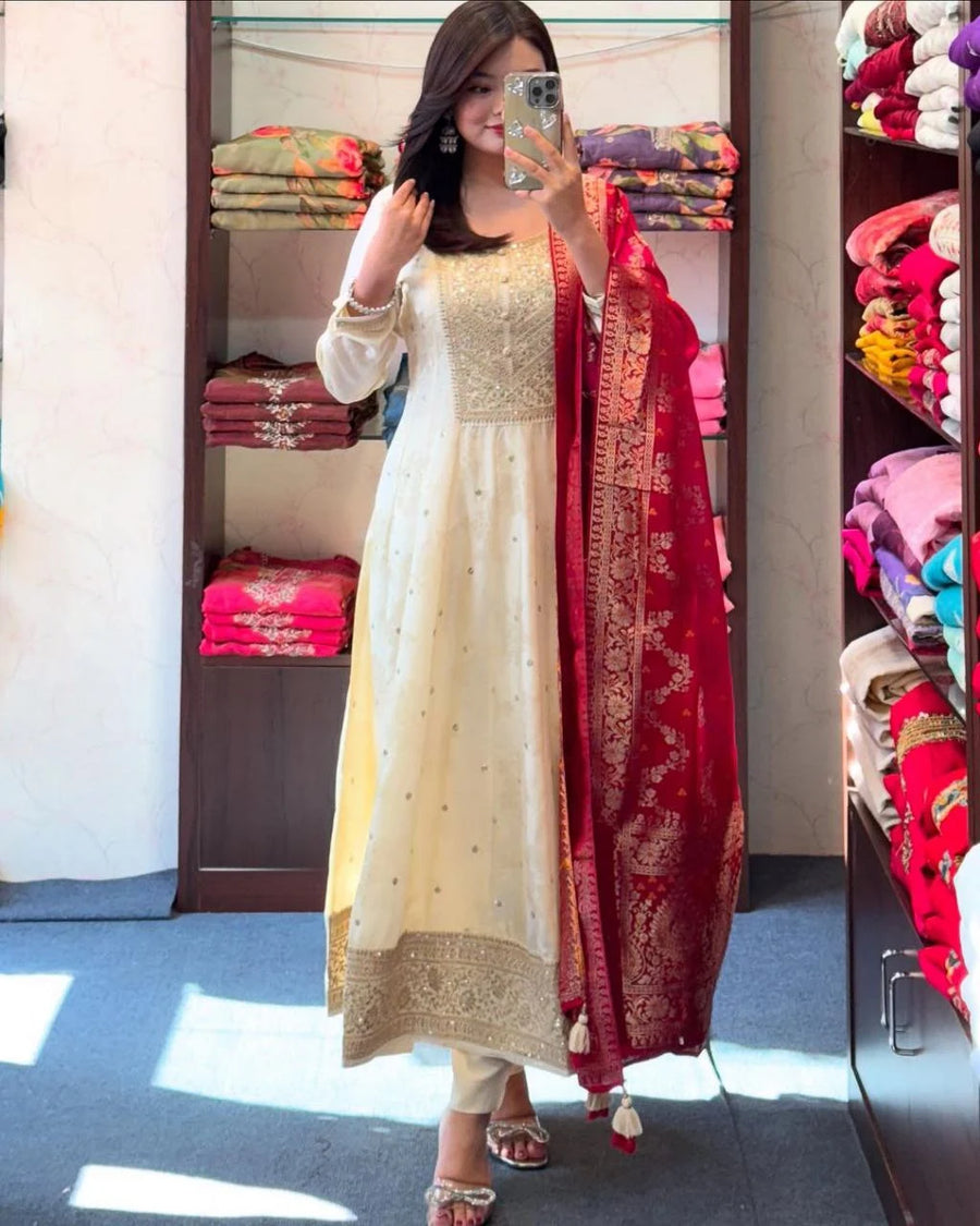 Anarkali Flared Kurti Pant Dupatta Set