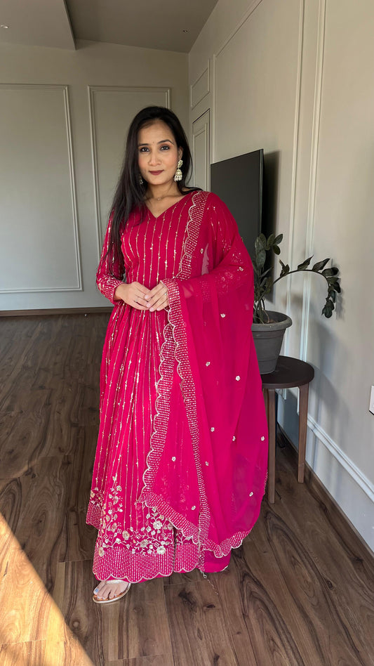 Anarkali Gown with Mirror Work and Floral Embroidery