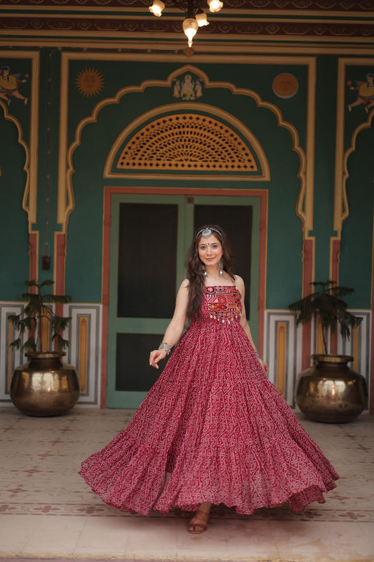 Bandhani Print Navratri Gown with Kutchi Patchwork Design