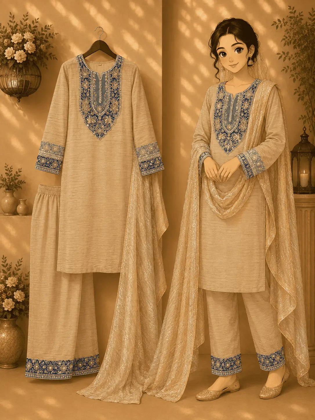 Beige Embroidered Kurti Palazzo Set