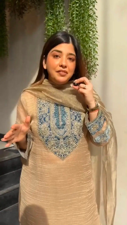 Beige Embroidered Kurti Palazzo Set