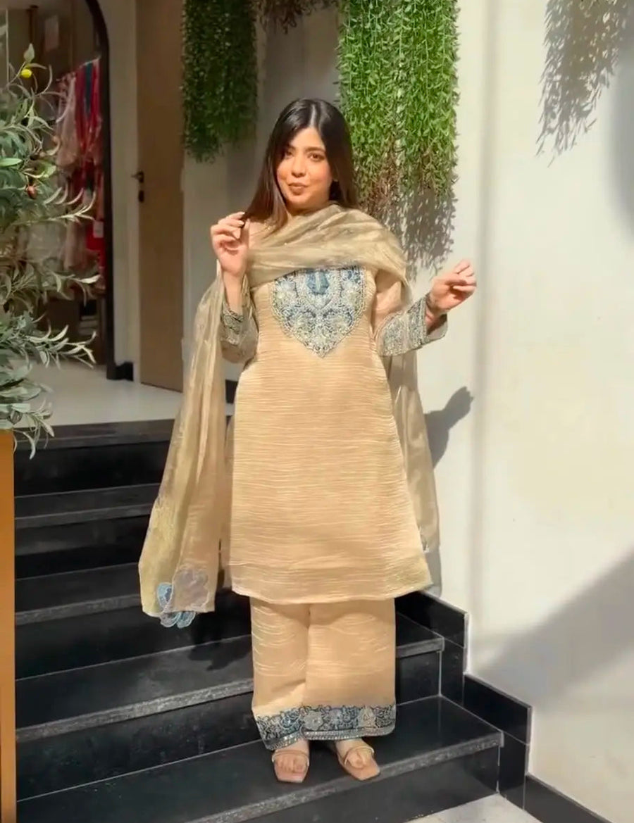 Beige Embroidered Kurti Palazzo Set
