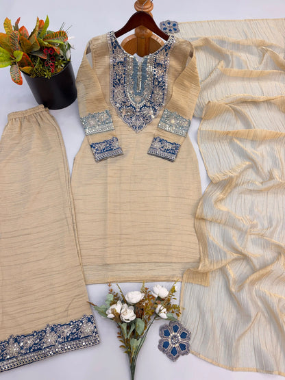 Beige Embroidered Kurti Palazzo Set