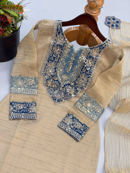 Beige Embroidered Kurti Palazzo Set